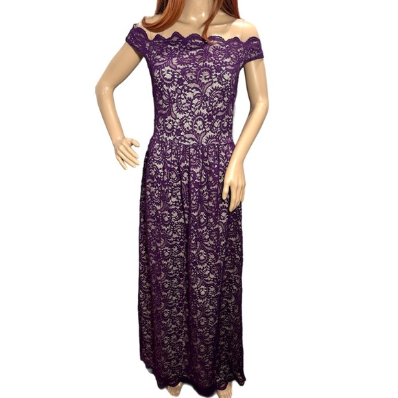 Yellow Star Womens Plum Lace Nude Maxi Off Shoulder Dress Size M USA MADE - Picture 2 of 14